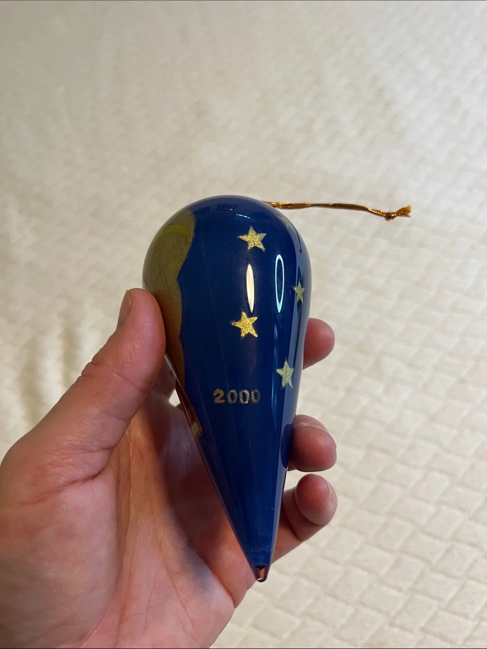 Pier 1 Christmas Angel Blue and Gold Hand-Painted Teardrop Holiday Ornament